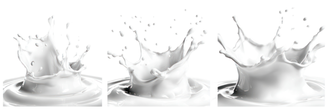 Multiple white milk splashes frozen in motion isolated on transparent background