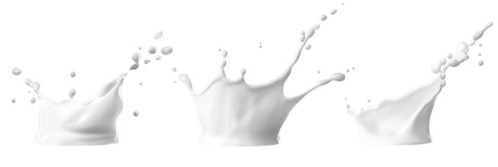 Three white milk splashes isolated on transparent background