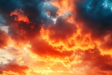 Fototapeta premium Vivid Fiery Sky Intense Orange, Red Clouds with Dark Blue Hues Dramatic Scenery