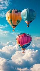 Naklejka premium Vivid Hot Air Balloons Floating Above Clouds, Colorful Balloons in Flight, Blue Sky