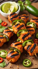Grilled chicken and jalapeno skewers, glistening with a flavorful glaze, are arranged attractively on a wooden board, perfect for a summer meal.