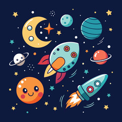 Whimsical cartoon space scene featuring a smiling crescent moon cute planets and flying rockets amidst stars and galaxies