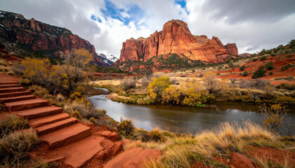 Red Rock Canyon Scenic Trail with River and Clouds.