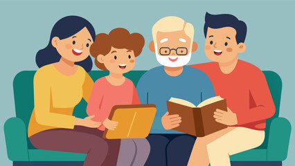 A family sitting together on a couch laughing and reminiscing as they look through old photo albums to find pictures for the montage.. Vector illustration