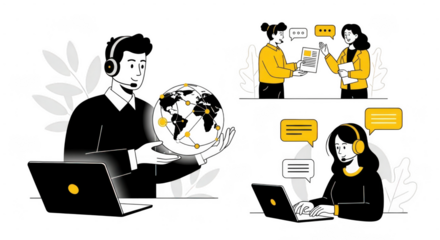 Customer service representatives connect globally, illustrating communication and support isolated on transparent background
