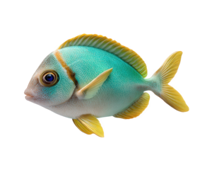 Tropical fish turquoise body yellow fin aquatic animal ocean marine life cute papercut style layered isolated vibrant color cheerful expression