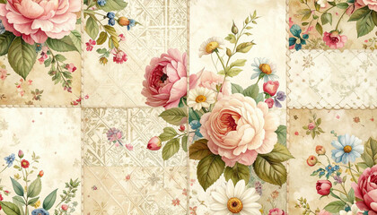Vintage Floral Patchwork Design with Roses and Flowers.