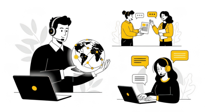 Customer service representatives connect globally, illustrating communication and support isolated on transparent background