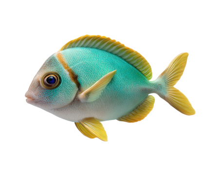 Tropical fish turquoise body yellow fin aquatic animal ocean marine life cute papercut style layered isolated vibrant color cheerful expression