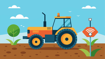 A precision tractor automatically adjusting its wheels based on data received from soil compaction sensors optimizing ground pressure for maximum yield.. Vector illustration