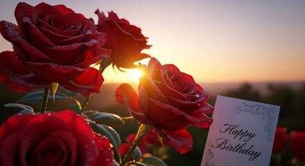 Red roses with morning dew, bathed in sunrise, hold a happy birthday message.
