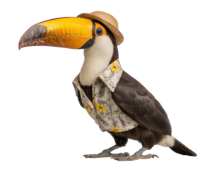 Toucan tropical bird hat floral shirt photo realistic animal standing colorful beak exotic cheerful expression. toucan wearing straw hat and floral shirt stands with vibrant cheerful look