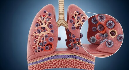 Medical illustration showcases a detailed anatomical view of infected lungs, highlighting the intricate internal structures and viral presence.