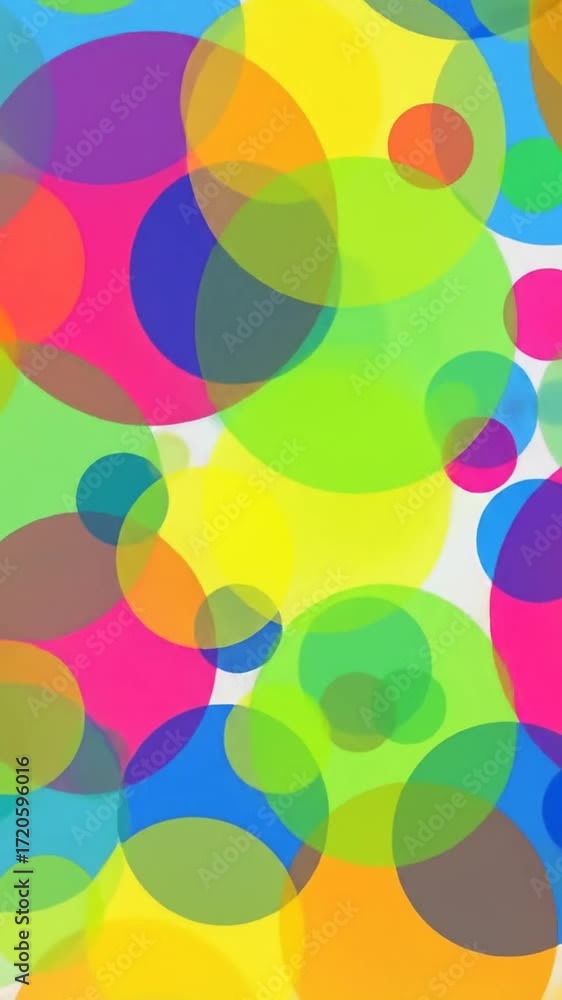 Poster dynamic arrangement of translucent colorful circles on white background blending colors in a playful