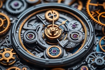 Fototapeta premium Watch Mechanism Golden Hands, Gears, Silver Framework, Clockwork, and Intricate Details