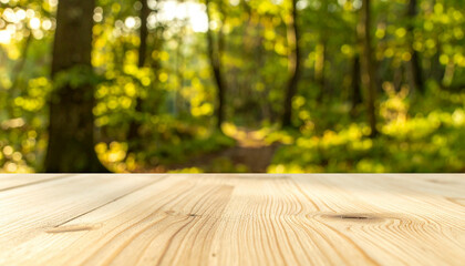 Rustic Wooden Tabletop in a Forest Scene.