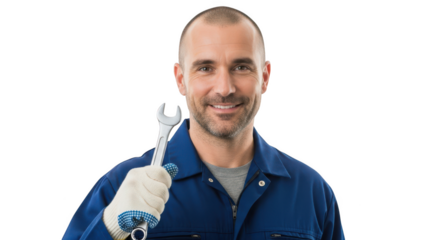 Smiling mechanic isolated on transparent background holding a wrench in his hand