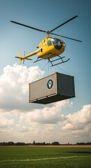Illustration of a helicopter transporting containers in the sky.