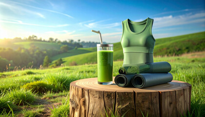 Green Smoothie Yoga Mat and Tank Top on Tree Stump in Sunny Meadow.