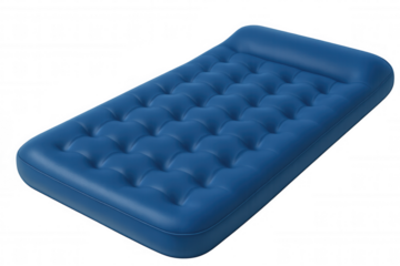 Blue inflatable air mattress providing portable temporary sleeping solution for guests, camping, outdoor recreation