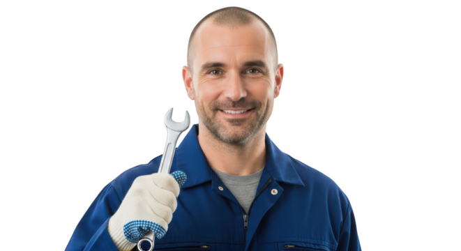 Smiling mechanic isolated on transparent background holding a wrench in his hand