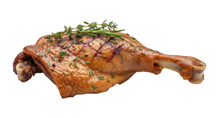 Roasted duck leg with herbs isolated on transparent background, delicious food