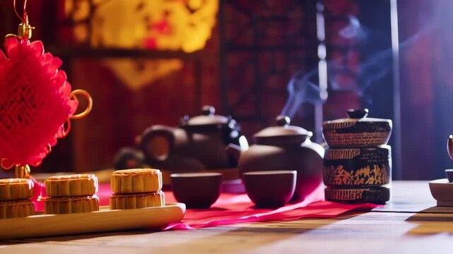 mooncake with teapot and tea, festive