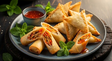 A plate filled with delicious, golden-brown spring rolls and samosas, garnished with fresh mint leaves and served with a side of red chili sauce.
