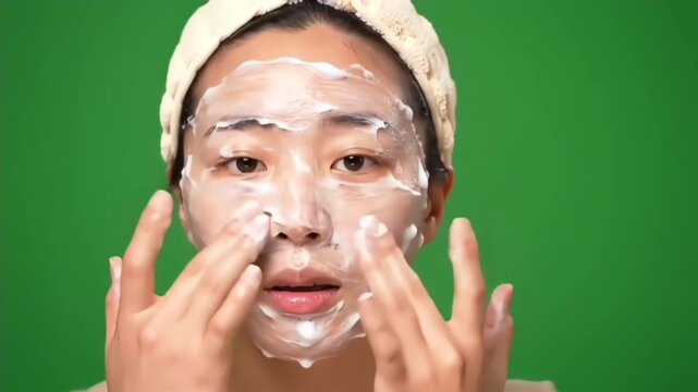 A young Asian woman carefully massaging a white foaming facial cleanser into her skin as part of her daily beauty and self-care routine on a green screen background