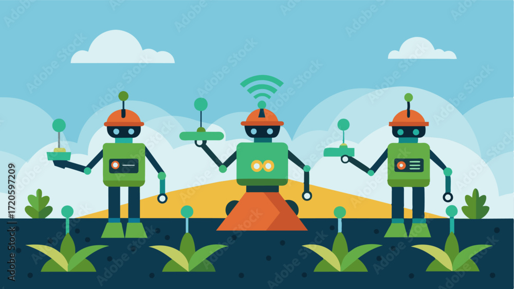Poster a team of soiltilling robots work in coordination communicating wirelessly to ensure even seed distr