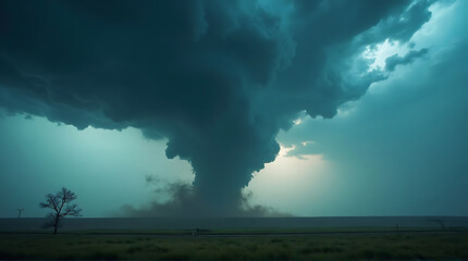Dramatic supercell tornado forming over an open field with intense cloud formation