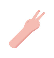 Flat cartoon hand gesture. Bare hand raised with two fingers up and open palm. Simple number two sign. Isolated white background, professional visual style and design.