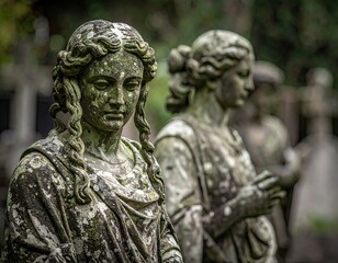 Weathered Stone Statues in a Garden Setting