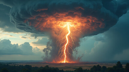 Dramatic lightning strike illuminates the sky during a powerful thunderstorm