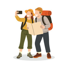 Couple of Hikers Taking a Selfie on Adventure. Illustration of two happy hikers with backpacks, one holding a map while the other takes a selfie