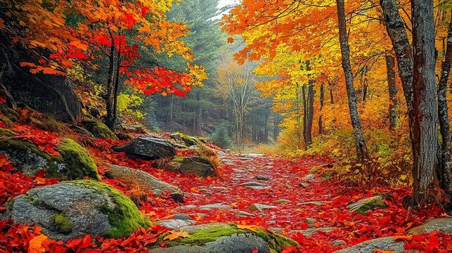 Photograph of an autumn forest with mossy rocks and leaves in the valley, vibrant autumn foliage, golden colors, natural lighting, a beautiful autumn rocky path - Powered by Adobe