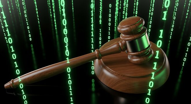 A wooden gavel rests amidst a backdrop of digital binary code, showcasing the intersection of law and technology.