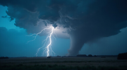 Dramatic lightning storm with a tornado touching down over a rural landscape