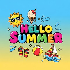 A vibrant graphic design welcomes summer with cheerful colors, fun icons, and a playful message.