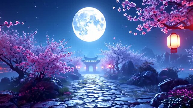 illustration of cherry blossom with torii gate at night