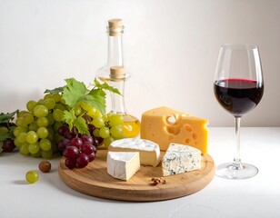 Cheese, grapes, wine, and nuts on a wooden board
