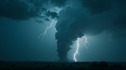 Dramatic lightning strikes illuminate the night sky over a dark landscape