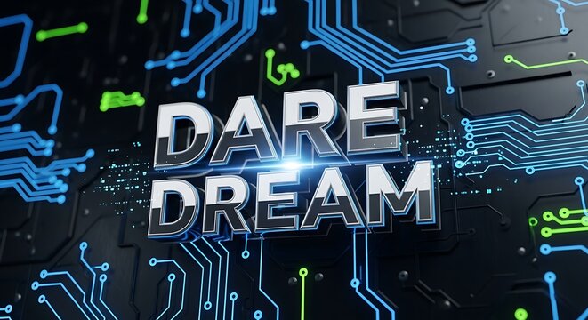 Bold, 3D text "Dare Dream" displayed against a dark circuit board background, illuminated by vibrant blue and green electronic pathways.