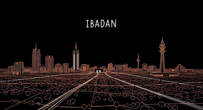 Urban Skyline View, Ibadan City, Nighttime Illustration, Landscape