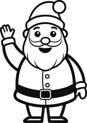 Black line art outline of Santa waving hand, simplified clipart.