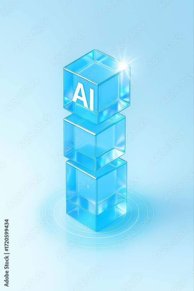 Poster abstract concept of artificial intelligence represented by stacked translucent blue cubes with the l