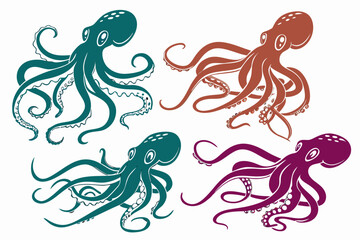 set of Octopus underwater silhouette illustration isolated on white background