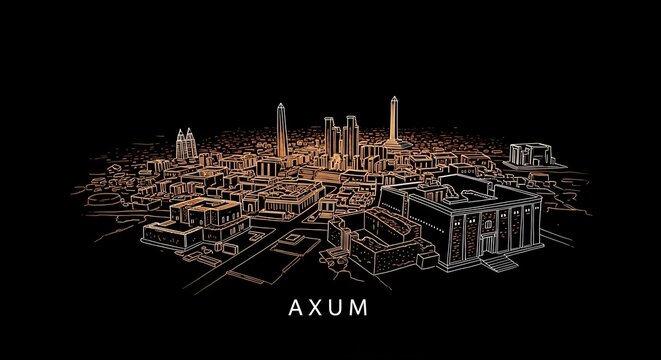 Urban Skyline Illustration, Axum City, Night View, Digital Art