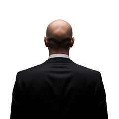Rear view of a bald man in a black suit and white shirt isolated on transparent background