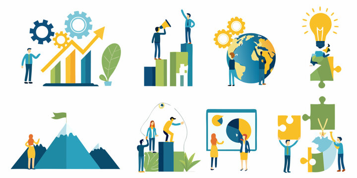 Business concept illustrations showing teamwork growth global reach strategy and achievement